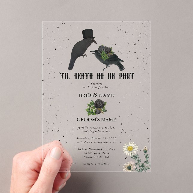 Invitations En Acrylique Gothique Halloween noir Rose Corbeaux Mariage (In situ (ordinateur de poche))