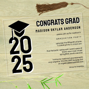 Invitations En Acrylique Grad 2025 Casquette N Tassel Graduation Noir Et Bl