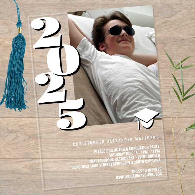 Invitations En Acrylique Grad 2025 Modern Photo White et Black Cool Party (Sleek clear acrylic highlights these graduation invitations in black and white)