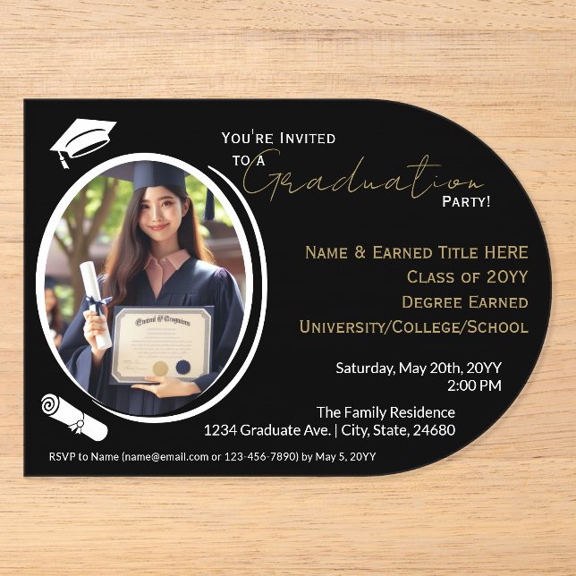 Invitations En Acrylique Graduation Party Noir, Blanc & Or, photo Grad (Recto)