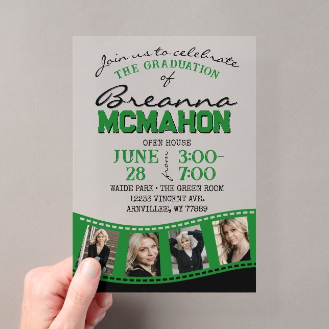Invitations En Acrylique Graduation photo verte et noire Filmstrip Frosted (In situ (ordinateur de poche))