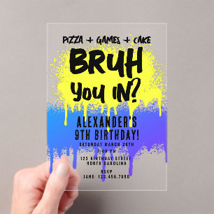 Invitations En Acrylique Graffiti néon de Bruh Boy Jaune Bleu