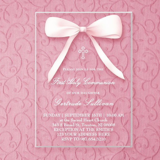 Invitations En Acrylique grand nœud rose | Première Communion (Créateur téléchargé)