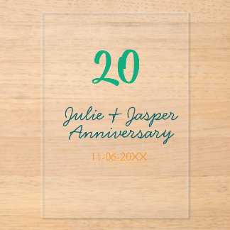 Invitations En Acrylique Green blue 20th anniversary name date orange 