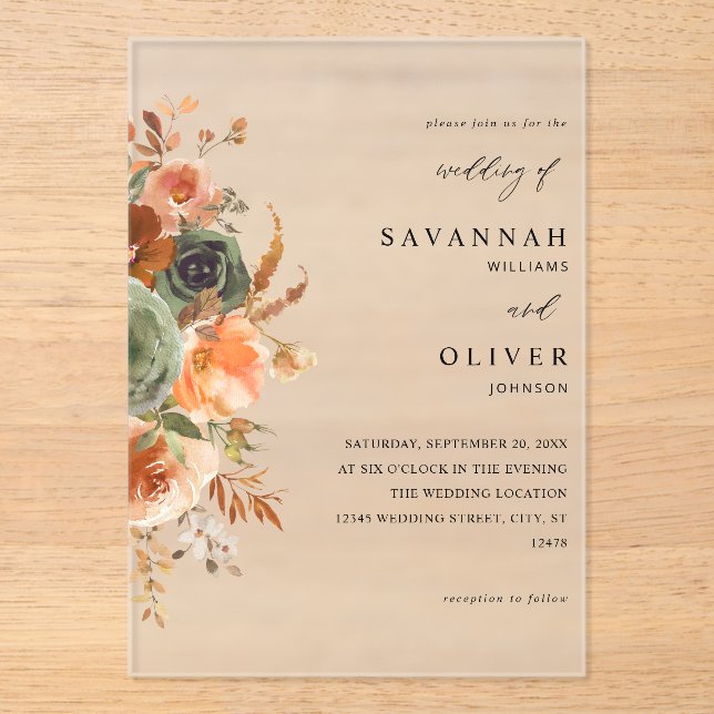 Invitations En Acrylique Green & Terra Cotta Floral Mariage (Recto)