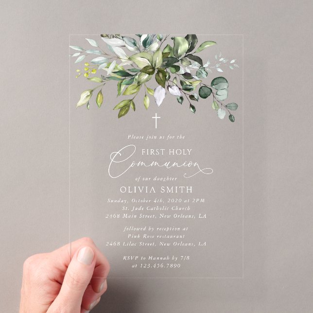 Invitations En Acrylique Greenery, Eucalyptus Leaves, First Holy Communion (In situ (ordinateur de poche))