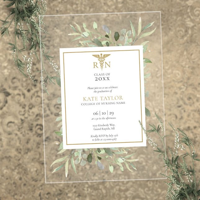 Invitations En Acrylique Greenery Gold RN Soins infirmiers fête de graduati (Greenery Gold RN Nursing Graduation Party Acrylic Invitations)