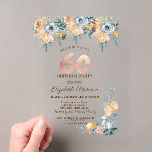 Invitations En Acrylique Guirlande de Roses Bleu Poussiéreux 60ème Annivers