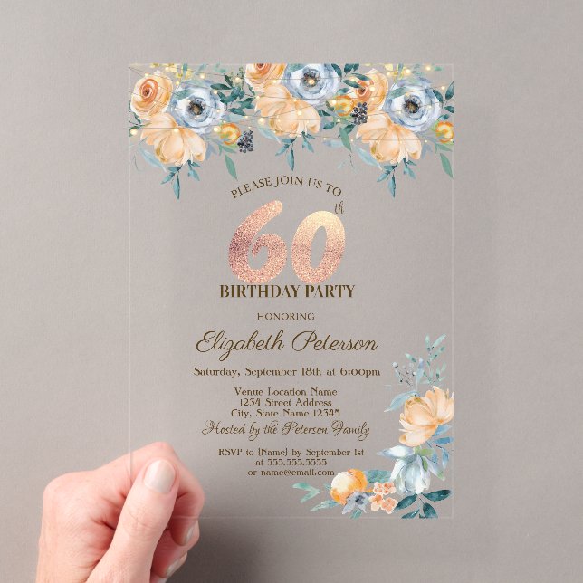 Invitations En Acrylique Guirlande de Roses Bleu Poussiéreux 60ème Annivers (In situ (ordinateur de poche))