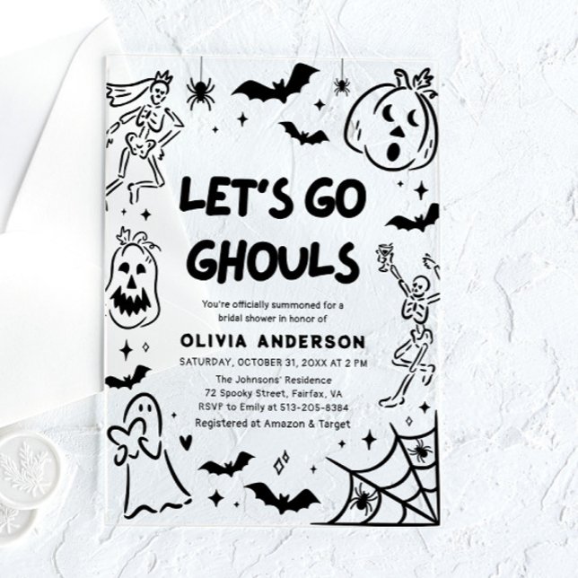 Invitations En Acrylique Halloween squelette Fête des mariées fantôme (Hand Drawn Halloween Skeleton Ghost Bridal Shower Acrylic Invitations)