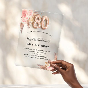 Invitations En Acrylique herbe de pampa fleurs rose claires pour 80e annive