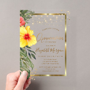 Invitations En Acrylique Hibiscus feuille de palmier, Lumières, Bois, Cadre