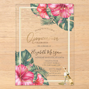 Invitations En Acrylique Hibiscus, Talons Dorés Pailletés Quinceanera