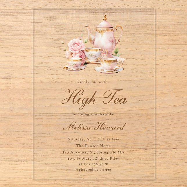Invitations En Acrylique High Tea Pastel Gold Bridal Shower (Recto)