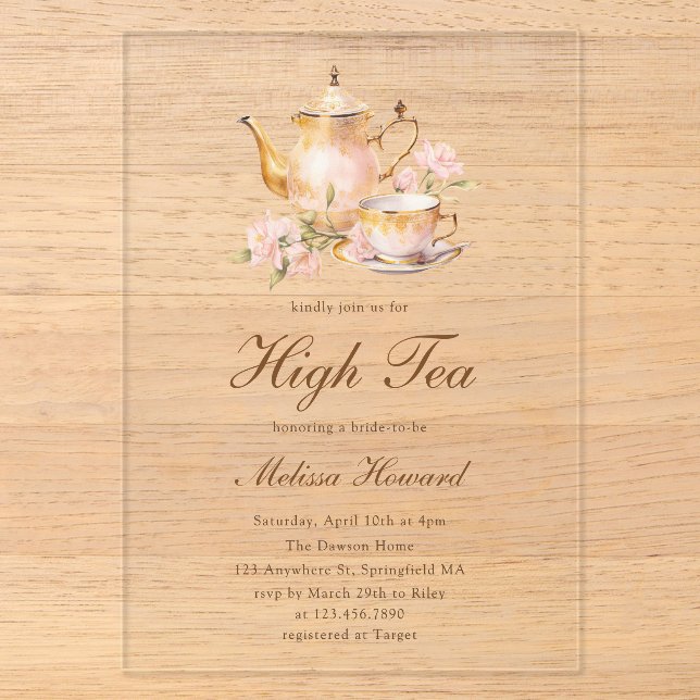 Invitations En Acrylique High Tea Pastel Gold Bridal Shower (Recto)