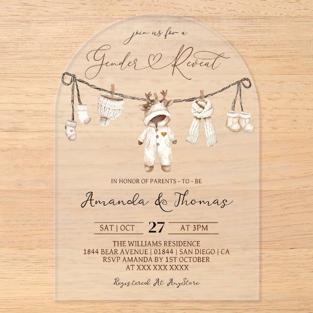 Invitations En Acrylique Hiver Boho Clothesline Révélation de genre (Recto)