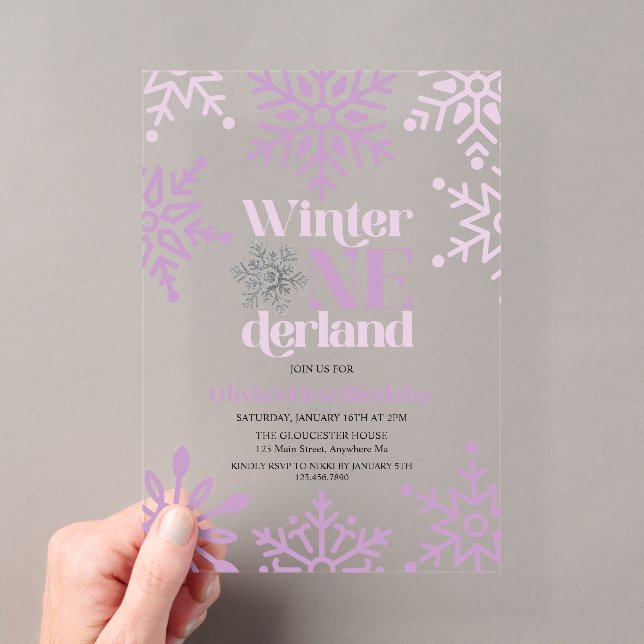 Invitations En Acrylique Hiver Onederland Purple Flocon de neige 1er annive (In situ (ordinateur de poche))