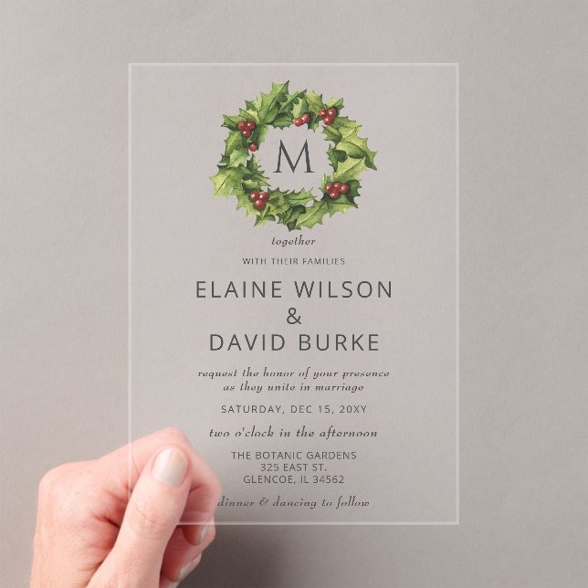 Invitations En Acrylique Holly Berries Wreath Monogramme Mariage hivernal (In situ (ordinateur de poche))