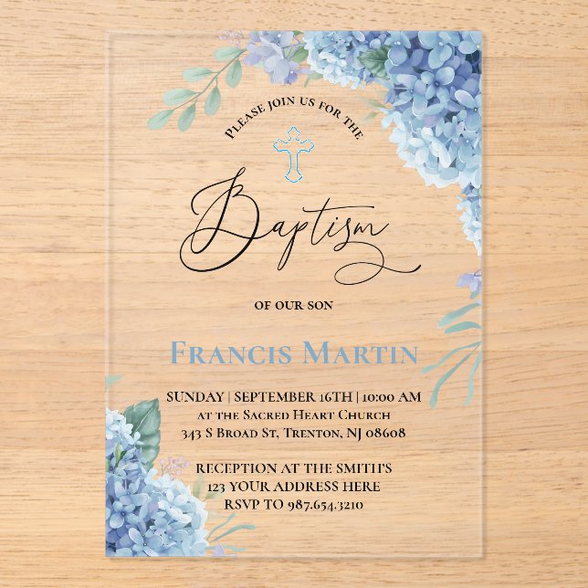 Invitations En Acrylique Hydrangea flowers Baptism (Recto)