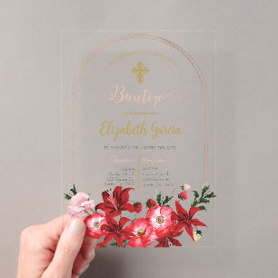 Invitations En Acrylique Invitación con flor roja para bautismo