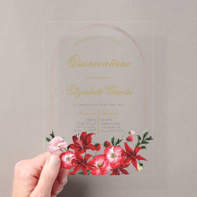 Invitations En Acrylique Invitación con flor roja para quinceañera (In situ (ordinateur de poche))