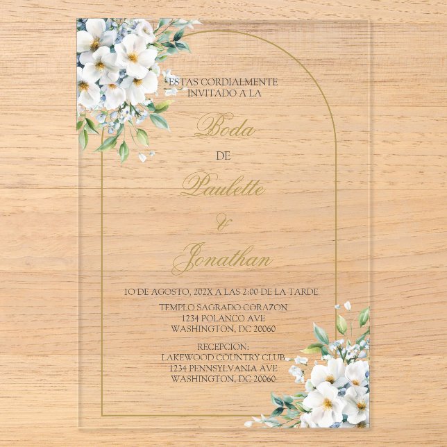 Invitations En Acrylique Invitacion de boda con ramo blanco (Recto)