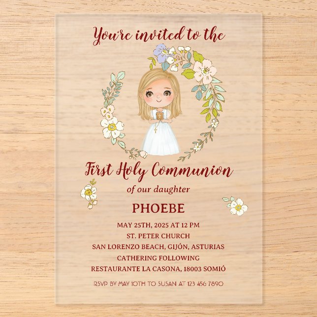 Invitations En Acrylique Invitación sobre acrílico PHOEBE Primera Comunión (Recto)