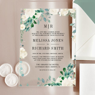 Invitations En Acrylique Ivoire Fleurs de Sauge Feuilles Vertes Mariage