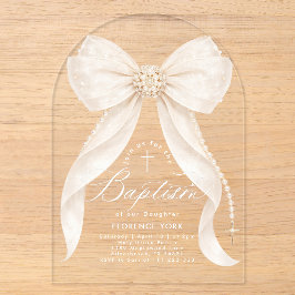 Invitations En Acrylique Ivory Bow Pearls Girl Baptism Religious