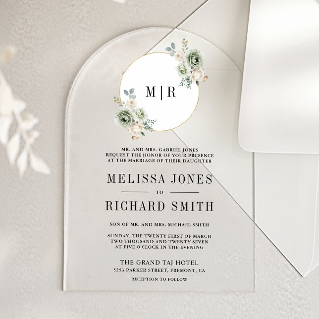Invitations En Acrylique Ivory Cream Sage Green Floral Wedding (Créateur téléchargé)