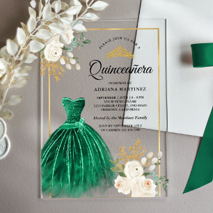 Invitations En Acrylique Ivory Floral Emerald Green Gown Gold Quinceanera