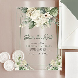 Invitations En Acrylique Ivory Sage Green Floral Wedding Enregistrer la dat
