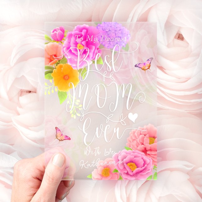 Invitations En Acrylique Jardin de pivoines romantiques pour la fête des mè (Elegant Romantic Peonies Floral Flourishing Words " Best Mom Ever" Acrylic Card.)