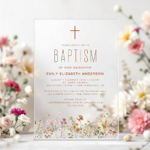Invitations En Acrylique Jardin fleur sauvage Baptême En Terracotta Fleurie