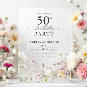 Invitations En Acrylique Jardin Floral Calligraphie 50e anniversaire