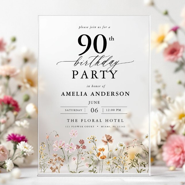 Invitations En Acrylique Jardin Floral Calligraphie 90e anniversaire (Créateur téléchargé)