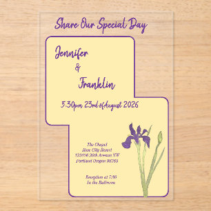 Invitations En Acrylique Jaune Beurre & Iris Violet Mariage Aquarelle