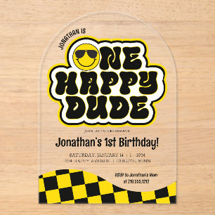 Invitations En Acrylique Jaune Noir Rétro Un Mec Heureux 1er Anniversaire