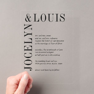 Invitations En Acrylique Jocelyn Mariage moderne noir et blanc