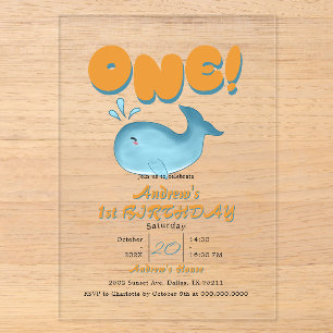 Invitations En Acrylique Joli bébé baleine bleue 1er anniversaire