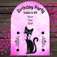 Joli Chat Noir Yeux Verts Nœud Rose Anniversaire