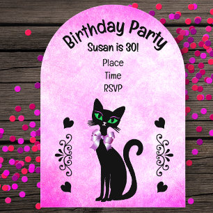 Invitations En Acrylique Joli Chat Noir Yeux Verts Nœud Rose Anniversaire