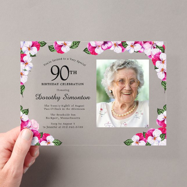 Invitations En Acrylique Joli Magenta rose blanc Photo 90e anniversaire (In situ (ordinateur de poche))