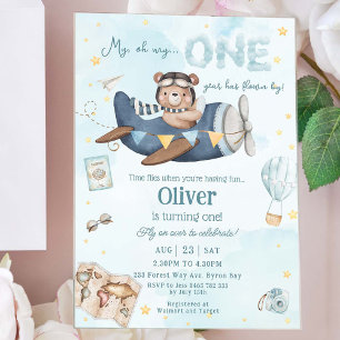 Invitations En Acrylique Joli Ours Avion Bleu Temps Passe Premier 1er Anniv