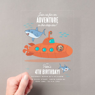 Invitations En Acrylique Joli Sous-Marin Anniversaire Enfants Photo Requin