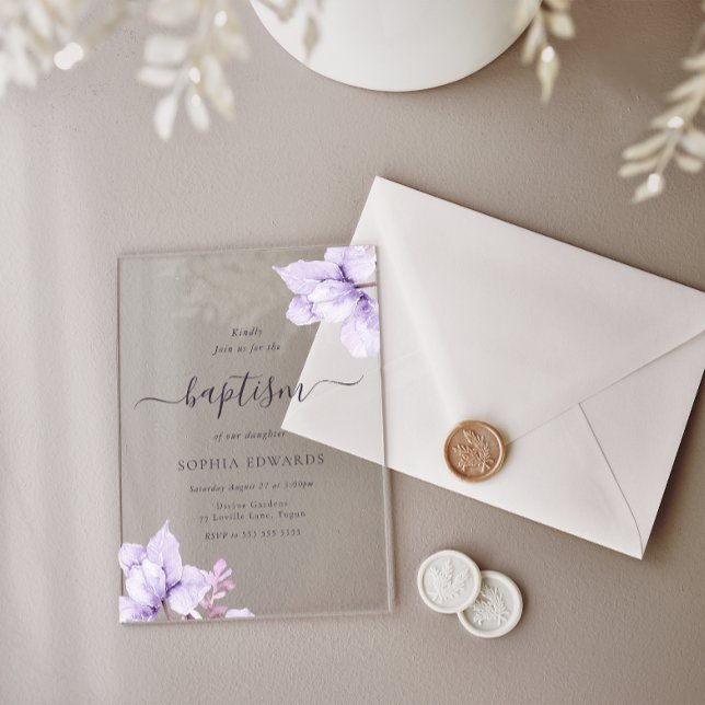 Invitations En Acrylique Joli Violet Floral Girls Baptême (Créateur téléchargé)