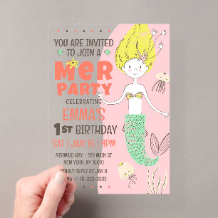 Invitations En Acrylique Jolie Fête d'Anniversaire de Thème Sirène pour Enf