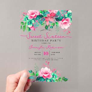 Invitations En Acrylique Jolie Fête Fleurie de Printemps pour Sweet 16 Anni