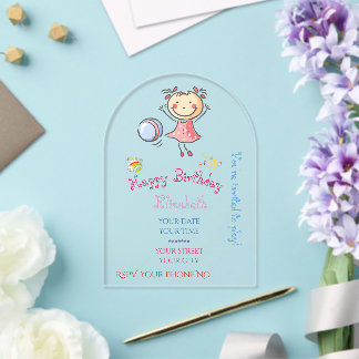 Invitations En Acrylique Jolie Fille aux Bâtons Rose Arc-en-Ciel Jouant au