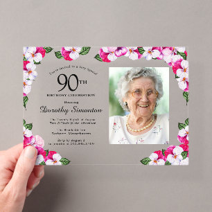 Invitations En Acrylique Jolie Photo Magenta Rose Blanc 90e Anniversaire